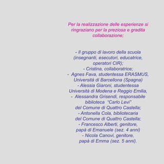 Per la realizzazione delle esperienze si
ringraziano per la preziosa e gradita
collaborazione;
- Il gruppo di lavoro della scuola
(insegnanti, esecutori, educatrice,
operatori CIR);
- Cristina, collaboratrice;
- Agnes Fava, studentessa ERASMUS,
Università di Barcellona (Spagna)
- Alessia Giaroni, studentessa
Università di Modena e Reggio Emilia,
- Alessandra Grisendi, responsabile
biblioteca “Carlo Levi”
del Comune di Quattro Castella;
- Antonella Cola, bibliotecaria
del Comune di Quattro Castella;
- Francesco Alberti, genitore,
papà di Emanuele (sez. 4 anni)
- Nicola Canovi, genitore,
papà di Emma (sez. 5 anni).
 