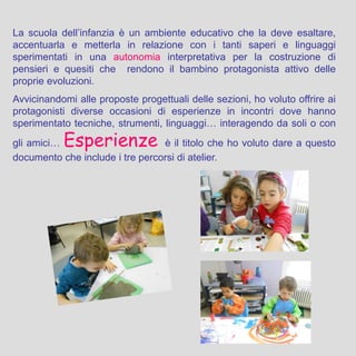 La scuola dell’infanzia è un ambiente educativo che la deve esaltare,
accentuarla e metterla in relazione con i tanti saperi e linguaggi
sperimentati in una autonomia interpretativa per la costruzione di
pensieri e quesiti che rendono il bambino protagonista attivo delle
proprie evoluzioni.
Avvicinandomi alle proposte progettuali delle sezioni, ho voluto offrire ai
protagonisti diverse occasioni di esperienze in incontri dove hanno
sperimentato tecniche, strumenti, linguaggi… interagendo da soli o con
gli amici… Esperienze è il titolo che ho voluto dare a questo
documento che include i tre percorsi di atelier.
 