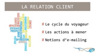 LA RELATION CLIENT 
# Le cycle du voyageur 
# Les actions à mener 
# Notions d’e-mailing 
 