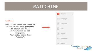 Étape 7: 
Nous allons créer une liste de 
diffusion qui vous permettra 
de saisir les mails 
destinataires de vos 
campagnes. 
Pour cela, allez dans 
“Listes”. 
MAILCHIMP 
 
