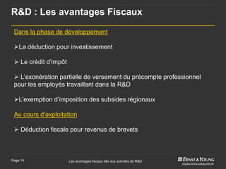 R&D : Les avantages Fiscaux

 Dans la phase de développement

 La déduction pour investissement

  Le crédit d’impôt

  L’exonération partielle de versement du précompte professionnel
 pour les employés travaillant dans la R&D

 L’exemption d’imposition des subsides régionaux

 Au cours d’exploitation

  Déduction fiscale pour revenus de brevets



Page 14                Les avantages fiscaux liés aux activités de R&D
 