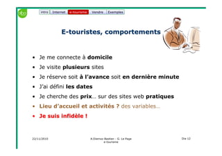 22/11/2010 A.Diemoz-Bastien - G. Le Page
e-tourisme
Dia 12
Internet e-tourisme ExemplesVendre
EE--touristes, comportementstouristes, comportements
• Je me connecte à domicile
• Je visite plusieurs sites
• Je réserve soit à l’avance soit en dernière minute
• J’ai défini les dates
• Je cherche des prix… sur des sites web pratiques
• Lieu d’accueil et activités ? des variables…
•• Je suis infidèle !Je suis infidèle !
e-tourismeintro
 