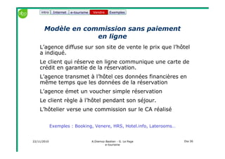 22/11/2010 A.Diemoz-Bastien - G. Le Page
e-tourisme
Dia 26
Internet e-tourisme ExemplesVendre
Modèle en commission sans paiement
en ligne
L’agence diffuse sur son site de vente le prix que l’hôtel
a indiqué.
Le client qui réserve en ligne communique une carte de
crédit en garantie de la réservation.
L’agence transmet à l’hôtel ces données financières en
même temps que les données de la réservation
L’agence émet un voucher simple réservation
Le client règle à l’hôtel pendant son séjour.
L’hôtelier verse une commission sur le CA réalisé
Exemples : Booking, Venere, HRS, Hotel.info, Laterooms…
Vendreintro
 