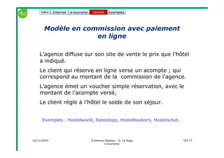 22/11/2010 A.Diemoz-Bastien - G. Le Page
e-tourisme
Dia 27
Internet e-tourisme ExemplesVendre
Modèle en commission avec paiement
en ligne
L’agence diffuse sur son site de vente le prix que l’hôtel
a indiqué.
Le client qui réserve en ligne verse un acompte ; qui
correspond au montant de la commission de l’agence.
L’agence émet un voucher simple réservation, avec le
montant de l’acompte versé,
Le client règle à l’hôtel le solde de son séjour.
Exemples : Hostelworld, Ratestogo, Hostelbookers, Hostelsclub…
Vendreintro
 