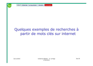 22/11/2010 A.Diemoz-Bastien - G. Le Page
e-tourisme
Dia 29
Internet e-tourisme ExemplesVendre
Quelques exemples de recherches à
partir de mots clés sur internet
Exemplesintro
 