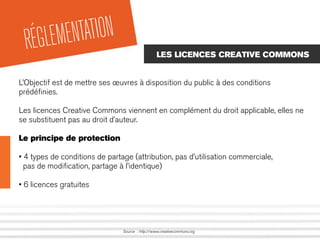 RÉGLEMENTATION
Source : http://www.creativecommons.org
LES LICENCES CREATIVE COMMONS
L’Objectif est de mettre ses œuvres à disposition du public à des conditions
prédéﬁnies.
Les licences Creative Commons viennent en complément du droit applicable, elles ne
se substituent pas au droit d’auteur.
Le principe de protection
• 4 types de conditions de partage (attribution, pas d’utilisation commerciale,
pas de modiﬁcation, partage à l’identique)
• 6 licences gratuites
 