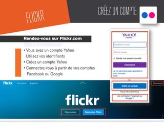CRÉEZUNCOMPTE
Rendez-vous sur Flickr.com
https://www.ﬂickr.com
• Vous avez un compte Yahoo
Utilisez vos identiﬁants
• Créez un compte Yahoo
• Connectez-vous à partir de vos comptes
Facebook ou Google
FLICKR
 