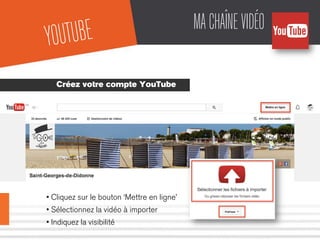 MACHAÎNEVIDÉO
Créez votre compte YouTube
• Cliquez sur le bouton ‘Mettre en ligne’
• Sélectionnez la vidéo à importer
• Indiquez la visibilité
YOUTUBE
 