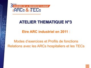 ATELIER THEMATIQUE N°3 Etre ARC industriel en 2011  : Modes d’exercices et Profils de fonctions Relations avec les ARCs hospitaliers et les TECs 
