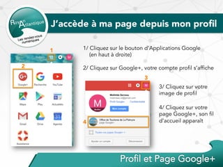 J’accède à ma page depuis mon proﬁl
1/ Cliquez sur le bouton d’Applications Google
(en haut à droite)
2/ Cliquez sur Google+, votre compte profil s’affiche
1
2
3
4
3/ Cliquez sur votre
image de profil
4/ Cliquez sur votre
page Google+, son fil
d’accueil apparaît
 