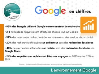Sources : thinkwithgoogle, blogdumoderateur, lechotouristique, StatCounter, BusinessInsider
• 95% des français utilisent Google comme moteur de recherche
• 3,3 milliards de requêtes sont effectuées chaque jour sur Google
• 97% des internautes recherchent des commerces ou des services de proximité
• 20% des recherches effectuées sur ordinateur sont des recherches localisées
•  40% des recherches effectuées sur mobile sont des recherches localisées via
Google Maps
•  24% des requêtes sur mobile sont liées aux voyages en 2015 contre 17% en
2014
en chiffres
 