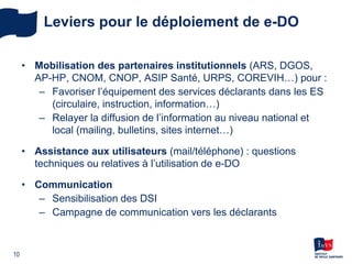 Leviers pour le déploiement de e-DO
• Mobilisation des partenaires institutionnels (ARS, DGOS,
AP-HP, CNOM, CNOP, ASIP Santé, URPS, COREVIH…) pour :
– Favoriser l’équipement des services déclarants dans les ES
(circulaire, instruction, information…)
– Relayer la diffusion de l’information au niveau national et
local (mailing, bulletins, sites internet…)
• Assistance aux utilisateurs (mail/téléphone) : questions
techniques ou relatives à l’utilisation de e-DO
• Communication
– Sensibilisation des DSI
– Campagne de communication vers les déclarants
10
 
