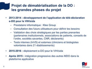 • 2013-2014 : développement de l’application de télé-déclaration
e-DO pour le VIH/sida
‒ Prestataire informatique : Klee Group
‒ Consultation des futurs utilisateurs pour définir les besoins
‒ Validation des choix stratégiques par les parties prenantes
(partenaires institutionnels, associations de patients, conseils de
l’ordre, sociétés savantes, CNR, déclarants)
‒ Tests internes (InVS) et externes (cliniciens et biologistes
volontaires dans 21 établissements)
• 2015-2016 : déploiement e-DO pour le VIH/sida
• Après 2015 : intégration progressive des autres MDO dans la
plateforme applicative
6
Projet de dématérialisation de la DO :
les grandes phases du projet
 