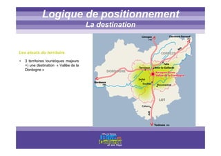 Titre titre titre
Logique de positionnement
La destination
Les atouts du territoire
• 3 territoires touristiques majeurs
=) une destination « Vallée de la
Dordogne »
 