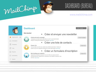 DASHBOARD (BUREAU) 
www.mailchimp.com 
• Créer et envoyer une newsletter 
• Créer une liste de contacts 
• Créer un formulaire d’inscritption 
 