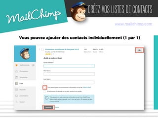 CRÉEZ VOS LISTES DE CONTACTS 
www.mailchimp.com 
Vous pouvez ajouter des contacts individuellement (1 par 1) 
 
