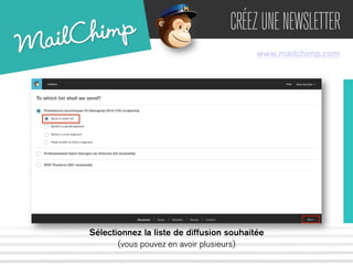 CRÉEZ UNE NEWSLETTER 
www.mailchimp.com 
Sélectionnez la liste de diffusion souhaitée 
(vous pouvez en avoir plusieurs) 
 