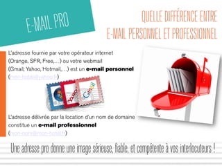 QUELLE DIFFÉRENCE ENTRE 
E-MAIL PERSONNEL ET PROFESSIONNEL 
E-MAIL PRO 
L’adresse fournie par votre opérateur internet 
(Orange, SFR, Free,…) ou votre webmail 
(Gmail, Yahoo, Hotmail,…) est un e-mail personnel 
(mon-hotel@yahoo.fr) 
L’adresse délivrée par la location d’un nom de domaine 
constitue un e-mail professionnel 
(mon-nom@mon-hotel.fr) 
Une adresse pro donne une image sérieuse, fiable, et compétente à vos interlocuteurs ! 
 