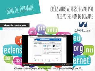 CRÉEZ VOTRE ADRESSE E-MAIL PRO 
AVEC VOTRE NOM DE DOMAINE 
NOM DE DOMAINE 
Identifiez-vous sur : 
http://www.ovh.com 
Cliquez sur l’image pour lire la vidéo - http://youtu.be/jUKj32kYzFU 
 