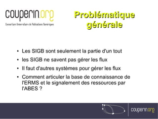 ProblématiqueProblématique
généralegénérale
● Les SIGB sont seulement la partie d'un tout
● les SIGB ne savent pas gérer les flux
● Il faut d'autres systèmes pour gérer les flux
● Comment articuler la base de connaissance de
l'ERMS et le signalement des ressources par
l'ABES ?
 