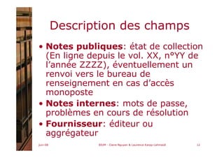 juin-08 BIUM - Claire Nguyen & Laurence Karpp-Lahmaidi 12
Description des champs
• Notes publiques: état de collection
(En ligne depuis le vol. XX, n°YY de
l’année ZZZZ), éventuellement un
renvoi vers le bureau de
renseignement en cas d’accès
monoposte
• Notes internes: mots de passe,
problèmes en cours de résolution
• Fournisseur: éditeur ou
aggrégateur
 