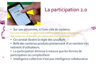 La participation 2.0


• Sur 100 personnes, si l’une crée du contenu:
•10 vont interagir en apportant commentaires et améliorations,
•les autres se contentant d’une consommation passive.
• Ce constat illustre la règle des 1/10/89%
• 80% des contenus produits proviennent d’un nombre très
restreint d’utilisateurs.
• La participation diminue à mesure que les formes de
participation se complexifient
• Intelligence collective n’est pas intelligence collaborative
 