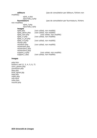 SCD Université de Limoges
editeurs (pas de consultation par éditeurs, fichiers non
modifiés)
ejlist_e.php
ejournals_e.php
fournisseurs (pas de consultation par fournisseurs, fichiers
non modifiés)
ejlist_f.php
ejournals_f.php
images
ejlist.php (non utilisé, non modifié)
ejlist_abrev.php (non utilisé, non modifié)
ejlist_issn.php (non utilisé, non modifié)
ejlist_rr.php (non utilisé, non modifié)
ejlist_rr_av.php
ejlist_rr2.php (non utilisé, non modifié)
rechav.php
rechdom.php (non utilisé, non modifié)
rechercher.php
rechercher1.php
rechercher2.php
support_e.php (non utilisé, non modifié)
support_i.php (non utilisé, non modifié)
images
aide.htm
button1.swf (2, 3, 4, 5, 6, 7)
conn_param.php
connexion.php
faqs.php
fond_lignes.jpg
help.php
index.php
info.html
infos.htm
nouvtit.php
 