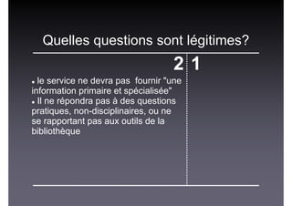 Quelles questions sont légitimes?
2 1
le service ne devra pas fournir "une
information primaire et spécialisée"
Il ne répondra pas à des questions
pratiques, non-disciplinaires, ou ne
se rapportant pas aux outils de la
bibliothèque
 
