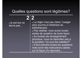 Quelles questions sont légitimes?
2 2
le service ne
devra pas...
La règle n'est pas claire: l'usager
sera soumis à l'arbitraire du
bibliothécaire
Pas réaliste: vous aurez toutes
sortes de question de toute façon
Au bureau de renseignement
physique, vous ne répondez pas à
la question "où sont les toilettes?"
Il faut prendre toutes les questions
mais avoir des instructions claires
sur la façon d'y répondre...
 