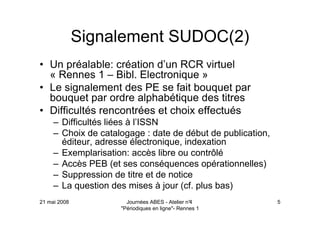 21 mai 2008 Journées ABES - Atelier n°4
"Périodiques en ligne"- Rennes 1
5
Signalement SUDOC(2)
• Un préalable: création d’un RCR virtuel
« Rennes 1 – Bibl. Electronique »
• Le signalement des PE se fait bouquet par
bouquet par ordre alphabétique des titres
• Difficultés rencontrées et choix effectués
– Difficultés liées à l’ISSN
– Choix de catalogage : date de début de publication,
éditeur, adresse électronique, indexation
– Exemplarisation: accès libre ou contrôlé
– Accès PEB (et ses conséquences opérationnelles)
– Suppression de titre et de notice
– La question des mises à jour (cf. plus bas)
 
