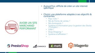 AVOIR UN SITE
MARCHAND
PERFORMANT
• Aujourd’hui, difficile de créer un site internet
spécifique
• Choisir une plateforme adaptée à ses objectifs &
contraintes
• Pays visés ?
• Nb de Points de ventes ?
• Nb d’entrepots ?
• Système d’information pour la gestion des Stocks
/ Compta / …
• CRM ?
• Drop Shipping ?
• Système d’affiliation ?
• …
 