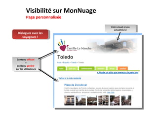 Contenu  officiel  + Contenu  généré  par les utilisateurs 3. Visibilité sur MonNuage Page personnalisée Votre visuel et vos actualités ici Dialoguez avec les voyageurs ! 