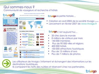 Qui sommes-nous ? Communauté de voyageurs et recherche d’hôtels Création en avril 2005 de la société trivago  GmbH Lancement en février 2007 de  www.trivago.fr 20 sites dans le monde 8 millions de visiteurs par mois 140 000 membres Plus de 90 000 villes et régions 400 000 hôtels 100 000 attractions touristiques Plus de 15 millions d‘avis Plus de 7 millions de photos Les utilisateurs de trivago s’informent et échangent des informations sur les destinations touristiques. Ils comparent les tarifs des nuitées et réservent chez nos partenaires. la petite histoire… c‘est aujourd‘hui… 