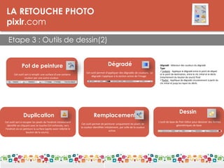 LA RETOUCHE PHOTO
pixlr.com
Etape 3 : Outils de dessin(2)
LES DPI
Duplication
Cet outil sert à recopier les pixels de l'endroit initialement
identifié en cliquant avec le touche Ctrl enfoncée, vers
l'endroit où on peinture la surface (après avoir relâché le
bouton de la souris).
Remplacement
Cet outil permet de peinturer uniquement les pixels de
la couleur identifiée initialement, par celle de la couleur
active.
Dessin
L'outil de base de Pixlr Editor pour dessiner des formes
géométriques de base
Etape 3 : Outils
Pot de peinture
Cet outil sert à remplir une surface d'une certaine
couleur par une autre couleur.
Dégradé
Cet outil permet d'appliquer des dégradés de couleurs. Le
dégradé s'applique à la section active de l'image
Dégradé - Sélecteur des couleurs du dégradé
Type
Linéaire - Applique le dégradé entre le point de départ
et le point de destination, entre le clic initial et le déclic
(relachement du bouton de souris) final.
Radial - Appllique de dégradé circulairement à partir du
clic initial et jusqu'au rayon du déclic
 