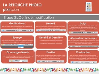 LA RETOUCHE PHOTO
pixlr.com
Etape 3 : Outils de modification
LES DPI
Goutte d’eau
Avec cet outil on peut augmenter le flou afin d'atténuer des
arêtes trop rigides.
Netteté
Avec cet outil on rend les contours moins flous, les arêtes
plus nettes en augmentant le contraste.
Doigt
Avec cet outil on peut étendre les couleurs comme si on
passait le doigt sur de la peinture fraîche, en les
mélangeant au passage avec les autres couleurs qu'elle
rencontre.
Eponge
Avec cet outil on éponge la teinte pour en diminuer la brillance
(desaturation) ou en augmenter la brillance (saturation).
Densité et Densité +
L’outil densite sert à augmenter la luminosité
L’outil densité + sert à diminuer la luminosité.
Atténuation yeux rouges
Avec cet outil on peut gommer l'effet des yeux rouges qu'on
retrouve fréquemment dans les photos de personnes prises
avec un flash aligné avec l'objectif
Gommage défauts
Avec cet outil on peut gommer, effacer les pixels en bloc. Le
logiciel distribue alors les couleurs et les atténue
Fluidité
Avec cet outil on peut gonfler une région. Cet outil s'utilise
en cliquant sur un point et de manière circulaire, le centre
est gonflé vers les bordures du cercle.
Contraction
Avec cet outil on peut effectuer la contraction d'une
région, c'est à dire concentrer les pixels du cercle de l'outil
vers le point central, entraînant les pixels se trouvant en
périphérie du cercle.
 