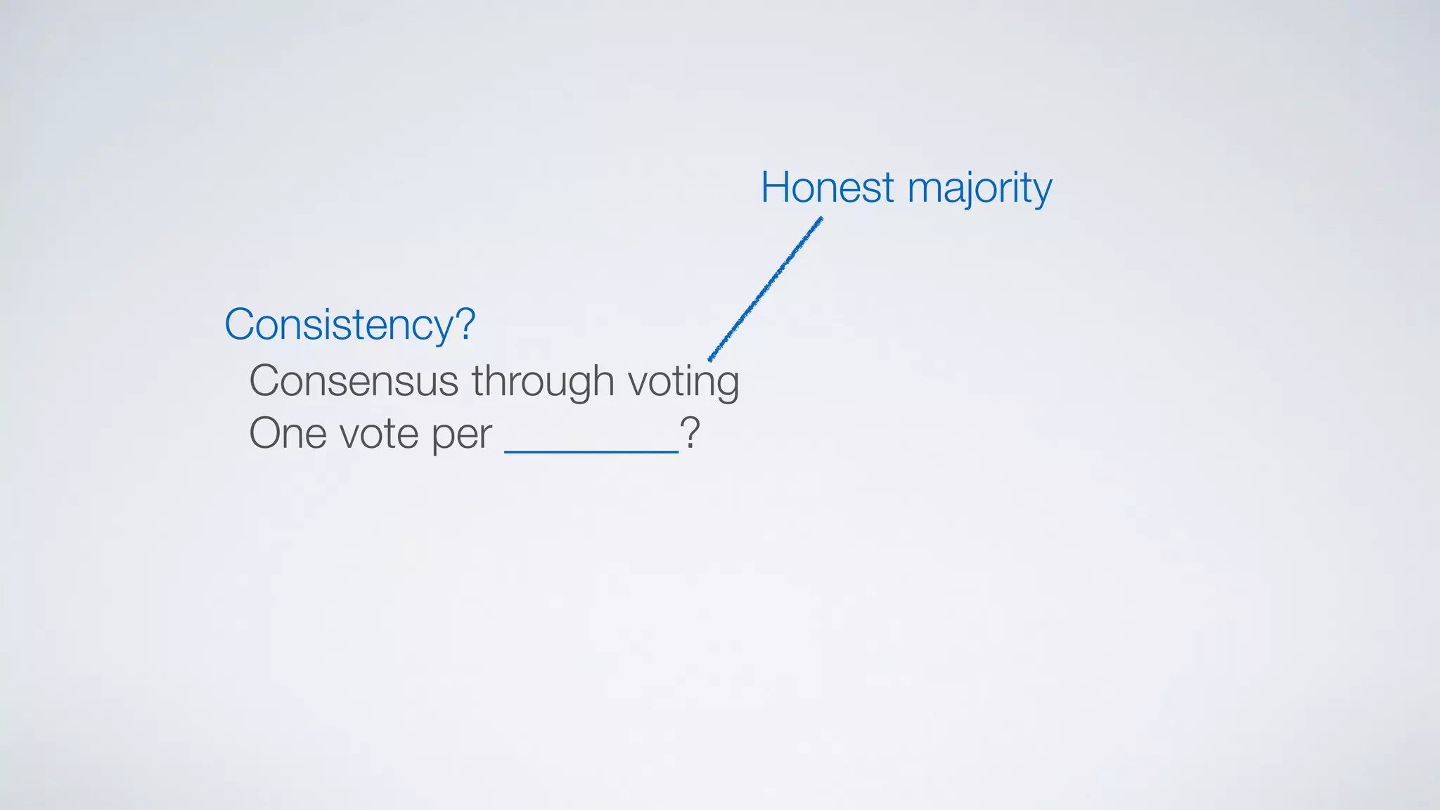 Consistency?
Consensus through voting
One vote per ________?
Honest majority
 