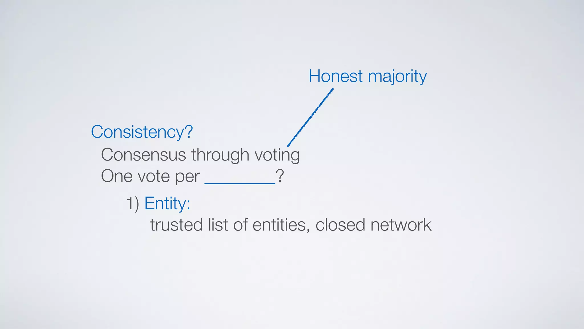 Consistency?
Consensus through voting
One vote per ________?
1) Entity:
trusted list of entities, closed network
Honest majority
 