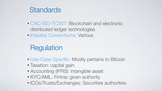 • CAC-ISO-TC307: Blockchain and electronic
distributed ledger technologies
• Industry Consortiums: Various
Standards
Regulation
• Use-Case Speciﬁc: Mostly pertains to Bitcoin
• Taxation: capital gain
• Accounting (IFRS): intangible asset
• KYC/AML: Fintrac given authority
• ICOs/Trusts/Exchanges: Securities authorities
 