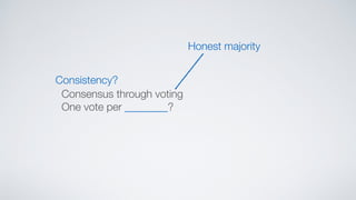 Consistency?
Consensus through voting
One vote per ________?
Honest majority
 