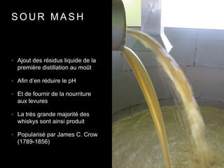S O U R M A S H
• Ajout des résidus liquide de la
première distillation au moût
• Afin d’en réduire le pH
• Et de fournir de la nourriture
aux levures
• La très grande majorité des
whiskys sont ainsi produit
• Popularisé par James C. Crow
(1789-1856)
 