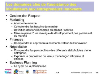 TCN Hammamet, 23-27 juin 2009 23
Les domaines clés de l’assistance des
incubateurs aux entrepreneurs innovants
• Gestion des Risques
• Marketing
– Aborder le marché
– Comprendre les besoins du marché
– Définition des fonctionnalités du produit / service
– Mise en place d'une stratégie de développement des produits et
du marché
• Finances
– Comprendre et apprendre à estimer la valeur de l’innovation
• Négociation
– Comprendre les perspectives des différents stakeholders d’une
entreprise
– Exprimer la proposition de valeur d’une façon efficiente et
efficace
• Business Planning
– Le cycle de la planification
 