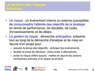 TCN Hammamet, 23-27 juin 2009 25
La gestion des risques
Définitions
• Un risque : un événement interne ou externe susceptible
de compromettre l'atteinte des objectifs de la stratégie
en terme de performance, de résultats, de coûts,
d'investissements et de délais.
• La gestion du risque : démarche anticipative, présente
tout au long de la démarche d'analyse et de mise en
œuvre d'un projet pour :
– assurer la tenue des objectifs : anticiper les événements
– faciliter la prise de décision : choix entre 2 alternatives
– éviter le risque d'être surpris : mettre en œuvre les actions
correctrices prévues si le risque se produit
 