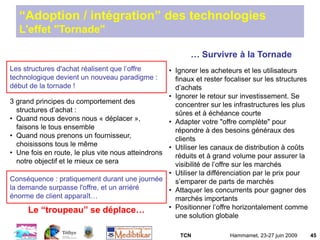 TCN Hammamet, 23-27 juin 2009 45
“Adoption / intégration” des technologies
L'effet "Tornade"
Le “troupeau” se déplace…
… Survivre à la Tornade
Les structures d'achat réalisent que l’offre
technologique devient un nouveau paradigme :
début de la tornade !
3 grand principes du comportement des
structures d’achat :
• Quand nous devons nous « déplacer »,
faisons le tous ensemble
• Quand nous prenons un fournisseur,
choisissons tous le même
• Une fois en route, le plus vite nous atteindrons
notre objectif et le mieux ce sera
• Ignorer les acheteurs et les utilisateurs
finaux et rester focaliser sur les structures
d’achats
• Ignorer le retour sur investissement. Se
concentrer sur les infrastructures les plus
sûres et à échéance courte
• Adapter votre "offre complète" pour
répondre à des besoins généraux des
clients
• Utiliser les canaux de distribution à coûts
réduits et à grand volume pour assurer la
visibilité de l’offre sur les marchés
• Utiliser la différenciation par le prix pour
s’emparer de parts de marchés
• Attaquer les concurrents pour gagner des
marchés importants
• Positionner l’offre horizontalement comme
une solution globale
Conséquence : pratiquement durant une journée
la demande surpasse l'offre, et un arriéré
énorme de client apparaît…
 