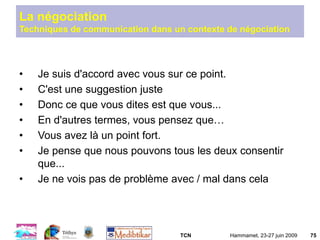 TCN Hammamet, 23-27 juin 2009 75
• Je suis d'accord avec vous sur ce point.
• C'est une suggestion juste
• Donc ce que vous dites est que vous...
• En d'autres termes, vous pensez que…
• Vous avez là un point fort.
• Je pense que nous pouvons tous les deux consentir
que...
• Je ne vois pas de problème avec / mal dans cela
La négociation
Techniques de communication dans un contexte de négociation
 