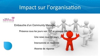 Impact	
  sur	
  l’organisa=on

Embauche d’un Community Manager

   Présence tous les jours voir 7J/7 et presque 24h/24

                 Une news tous les jours

                 Interactivité et réactivité

                 Attente de réponse
 