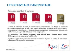 Mise à jour le 10/11/2010
LES NOUVEAUX PANONCEAUX
A l’instar du précédent dispositif, la commande du panonceau est à la charge de l’exploitant
qui contacte l’enseigniste de son choix. Les spécifications techniques sont disponibles sur
www.classement.atout-france.fr. Certains réseaux ou syndicats professionnels ont répertorié
des fournisseurs ou procèdent à des commandes groupées.
Panonceaux des hôtels de tourisme :
Le panonceau des hôtels ci-dessus sera décliné pour chaque autre mode
d’hébergement dans des coloris différents.
Important : Apposer un panonceau de classement sans disposer de l’arrêté de classement
correspond à de la publicité mensongère.
 