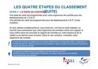 Mise à jour le 10/11/2010
LES QUATRE ÉTAPES DU CLASSEMENT
(SUITE)ETAPE 3 : LA VISITE DE CONTRÔLE
Une date de visite est programmée avec votre organisme de contrôle pour les
établissements de 1,2 et 3*.
Une période de visite est programmée pour les établissements 4 & 5* (visite
mystère).
Si vous utilisez la téléprocédure, vous recevrez, une fois la visite réalisée, un
courriel vous avertissant que votre organisme de contrôle a émis son rapport. Il
vous suffira alors de consulter le rapport de contrôle sur votre espace et de le
valider si ce dernier vous convient. Dans le cas contraire, contactez votre
organisme de contrôle.
La visite de contrôle est valable trois mois (décret n°2009-1652 du 23 décembre 2009). L’organisme de
contrôle dispose d’un délai de quinze jours pour émettre le rapport complet, qui comprend la synthèse du
rapport et la grille de contrôle.
!
Un guide de contrôle librement consultable sur le site Internet de ATOUT
FRANCE détermine la méthodologie d’évaluation de chaque critère ainsi que la méthode
d’échantillonnage des chambres.
 