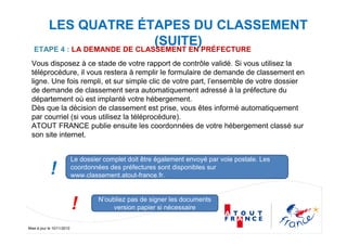 Mise à jour le 10/11/2010
LES QUATRE ÉTAPES DU CLASSEMENT
(SUITE)
ETAPE 4 : LA DEMANDE DE CLASSEMENT EN PRÉFECTURE
Vous disposez à ce stade de votre rapport de contrôle validé. Si vous utilisez la
téléprocédure, il vous restera à remplir le formulaire de demande de classement en
ligne. Une fois rempli, et sur simple clic de votre part, l’ensemble de votre dossier
de demande de classement sera automatiquement adressé à la préfecture du
département où est implanté votre hébergement.
Dès que la décision de classement est prise, vous êtes informé automatiquement
par courriel (si vous utilisez la téléprocédure).
ATOUT FRANCE publie ensuite les coordonnées de votre hébergement classé sur
son site internet.
Le dossier complet doit être également envoyé par voie postale. Les
coordonnées des préfectures sont disponibles sur
www.classement.atout-france.fr.!
! N’oubliez pas de signer les documents
version papier si nécessaire
 