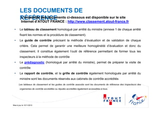 Mise à jour le 10/11/2010
LES DOCUMENTS DE
RÉFÉRENCE
• Le tableau de classement homologué par arrêté du ministre (annexe 1 de chaque arrêté
fixant les normes et la procédure de classement).
• Le guide de contrôle précisant la méthode d’évaluation et de validation de chaque
critère. Cela permet de garantir une meilleure homogénéité d’évaluation et donc du
classement. Il constitue également l’outil de référence permettant de former tous les
inspecteurs à la méthode de contrôle
• Le prédiagnostic (homologué par arrêté du ministre), permet de préparer la visite de
contrôle
• Le rapport de contrôle, et la grille de contrôle également homologués par arrêté du
ministre sont les documents réservés aux cabinets de contrôle accrédités
Les tableaux de classement et les guides de contrôle associés sont les documents de référence des inspecteurs des
organismes de contrôle accrédités ou réputés accrédités également accessibles à tous.
L’ensemble des documents ci-dessous est disponible sur le site
Internet d’ATOUT FRANCE : http://www.classement.atout-france.fr
 