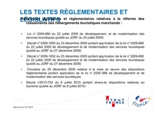 Mise à jour le 10/11/2010
LES TEXTES RÉGLEMENTAIRES ET
LÉGISLATIFSRéférences législatives et réglementaires relatives à la réforme des
classements des hébergements touristiques marchands :
• Loi n° 2009-888 du 22 juillet 2009 de développement et de modernisation des
services touristiques (publié au JORF du 24 juillet 2009)
• Décret n°2009-1650 du 23 décembre 2009 portant app lication de la loi n°2009-888
du 22 juillet 2009 de développement et de modernisation des services touristiques
(publié au JORF du 27 décembre 2009)
• Décret n°2009-1652 du 23 décembre 2009 portant app lication de la loi n°2009-888
du 22 juillet 2009 de développement et de modernisation des services touristiques
(publié au JORF du 27 décembre 2009)
• Circulaire du 29 décembre 2009 relative à la mise en œuvre des dispositions
réglementaires portant application de la loi n° 2009 -888 de développement et de
modernisation des services touristiques
• Décret n°2010-752 du 6 juillet 2010 portant divers es dispositions relatives au
tourisme (publié au JORF du 8 juillet 2010)
 